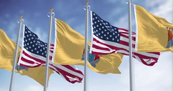 Banderas Del Estado Nueva Jersey Ondeando Con Bandera Americana Día — Vídeos de Stock