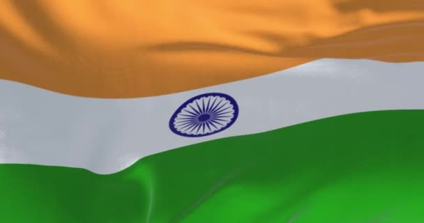 印度国旗飘扬的特写 三色藏红花 白色和绿色 中间有蓝色的Ashoka Chakra 无缝3D渲染动画 慢动作回圈有选择的重点 — 图库视频影像