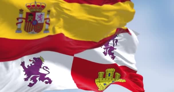 Kastylia Leon Narodowe Flagi Hiszpańskie Machają Pogodny Dzień Wspólnota Autonomiczna — Wideo stockowe