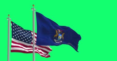Michigan eyalet bayrağı ve yeşil arka planda izole edilmiş Amerikan bayrağı dalgalanması. Kusursuz 3D canlandırma animasyonu. Yeşil ekran. Krom anahtar. Alfa kanalı. Yavaş çekim döngüsü. 4 bin. Seçici odak