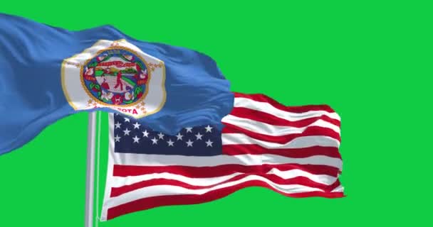 Флаг Штата Миннесота Размахивающий Национальным Флагом Сша Зеленом Фоне Бесшовная — стоковое видео