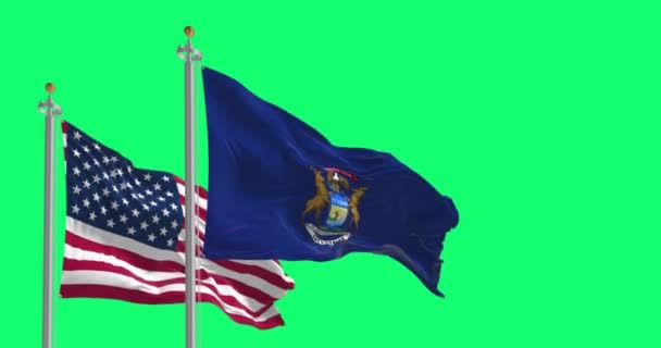 Michigan Statliga Flagga Och Nationell Amerikansk Flagga Viftar Isolerad Grön — Stockvideo