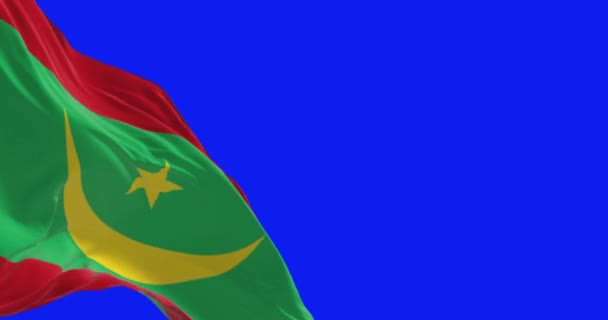 Primer Plano Bandera Nacional Mauritania Ondeando Aislada Sobre Fondo Azul — Vídeos de Stock