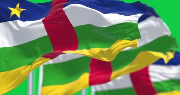 Bandiere Nazionali Della Repubblica Centrafricana Sventolano Isolate Sfondo Verde Animazione — Video Stock