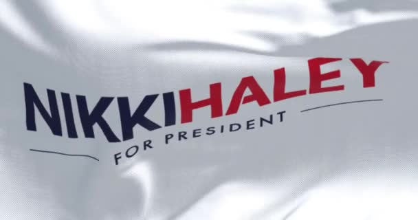查尔斯顿 2023年 Nikki Haley 2024总统竞选旗帜的特写 纪录片编辑 无缝3D渲染动画 慢动作回路 — 图库视频影像