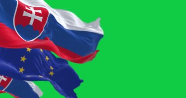 Slovakya ve Avrupa Birliği bayraklarının rüzgarda dalgalanan yakın çekimi yeşil arka planda izole edildi. Kusursuz 3D canlandırma animasyonu. Krom anahtar. Yavaş çekim döngüsü. Yeşil ekran. 4 bin. Seçici odak.