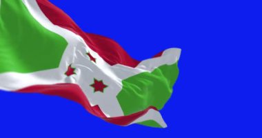 Burundi 'nin milli bayrağı mavi arka planda izole edilmiş. Kusursuz 3D canlandırma animasyonu. Krom anahtar. Yavaş çekim döngüsü. Mavi ekran. 4 bin. Seçici odak.