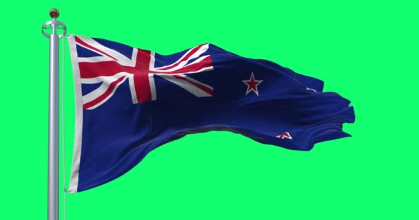 Zéland Nemzeti Zászló Integetett Elszigetelt Zöld Háttérrel Zökkenőmentes Render Animáció — Stock videók