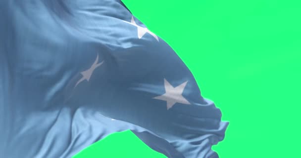 密克罗尼西亚联邦国旗在与绿色背景隔离的风中飘扬 无缝3D渲染动画 慢动作回圈绿色屏幕 有选择的重点 — 图库视频影像
