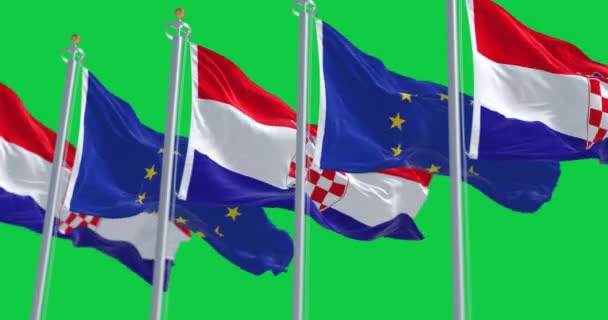Banderas Croacia Unión Europea Ondeando Aisladas Sobre Fondo Verde Animación — Vídeo de stock