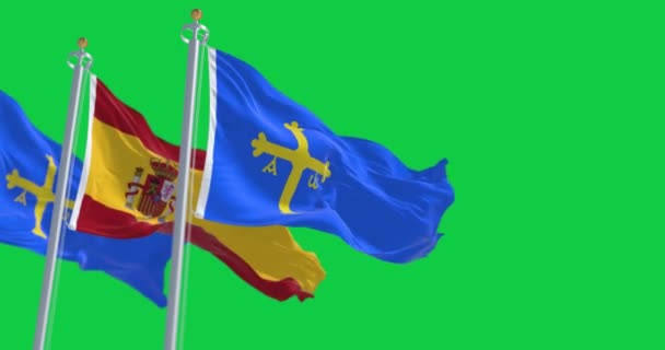 Asturiens Flaggor Viftar Med Spansk Flagga Isolerad Grön Bakgrund Sömlös — Stockvideo