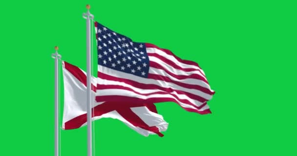 Verenigde Staten Alabama Vlaggen Zwaaien Samen Geïsoleerd Groene Achtergrond Naadloze — Stockvideo