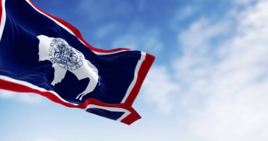 Wyoming eyaletinin rüzgarda dalgalanan bayrağının yakın çekimi. Beyaz Bizon silueti. 3D illüstrasyon canlandırıcı. Seçici odaklanma. ABD bayrağı