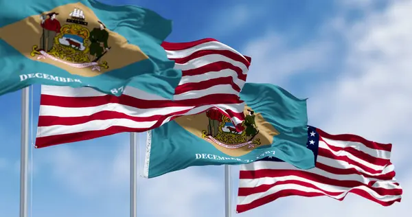 Delaware state flag waving with the national american flag. Yellowish-beige rhombus shape with the state coat of arms on a pale blue background. 3d illustration render. Selective focus