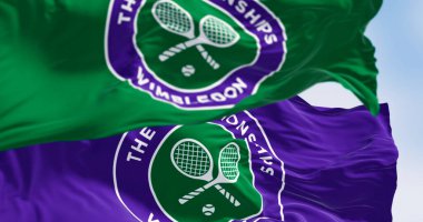 London, UK, Mar. 3 2024: The Championships Wimbledon flags waving on a clear day. Wimbledon Championships is a major tennis tournament. Illustrative editorial 3d illustration render. clipart
