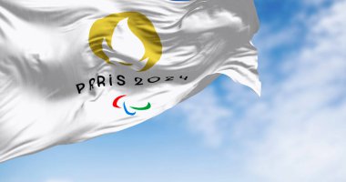 Paris, FR, Mar. 20 2024; Paris 2024 of Paralympic games flags fluttering in the wind on a clear day. Illustrative editorial 3d illustration render clipart