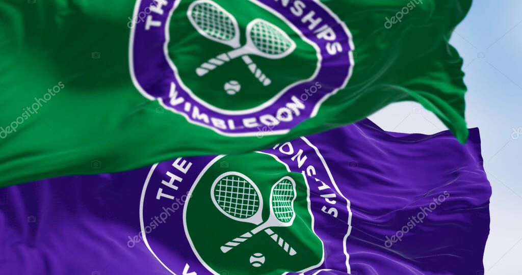 London, UK, Mar. 3 2024: The Championships Wimbledon flags waving on a clear day. Wimbledon Championships is a major tennis tournament. Illustrative editorial 3d illustration render.