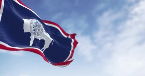 Närbild Wyoming State Flagga Viftar Vinden Vit Bisonsilhuett Sömlös Återgivning — Stockvideo