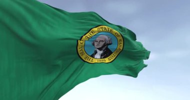 Washington eyaleti bayrağını dalgalandırıyor. Üzerinde bir mühür olan koyu yeşil alan ortada George Washington 'ın resmini gösteriyor. Kusursuz 3 boyutlu animasyon. Yavaş çekim döngüsü