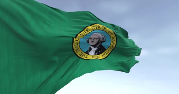 Close Bendera Negara Bagian Washington Melambai Lapangan Hijau Gelap Dengan — Stok Video