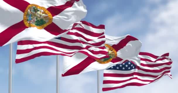 晴朗的天气里 佛罗里达和美国的国旗在风中飘扬 美国国旗 骄傲和爱国主义的概念 无缝3D渲染动画 慢动作回圈有选择的重点 — 图库视频影像