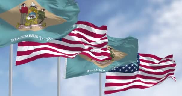Delaware Státní Vlajka Mává Americkou Vlajkou Žlutobéžový Kosočtverec Státním Erbem — Stock video