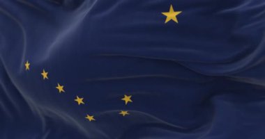 Alaska eyaletinin bayrağının dalgalandığı yakın çekim. Büyük Ayı ve Kutup Yıldızı 'nı oluşturan sekiz altın yıldızlı koyu mavi arka plan. Kusursuz 3 boyutlu animasyon. Yavaş çekim döngüsü. Seçici odak