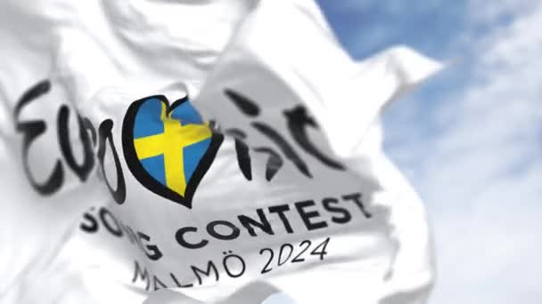 Malmo Mar 182024 欧洲歌唱大赛的特写2024在一个晴朗的日子挥手 纪录片编辑 无缝3D渲染动画 慢动作回圈有选择的重点 — 图库视频影像
