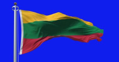 Ulusal Litvanya bayrağı mavi arka planda izole bir şekilde dalgalanıyor. Kusursuz 3D canlandırma animasyonu. Krom anahtar. Yavaş çekim döngüsü. Mavi ekran. 4K.