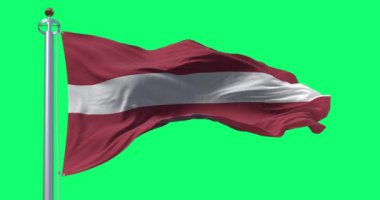 Letonya Cumhuriyeti ulusal bayrağı yeşil zemin üzerinde rüzgarda sallanıyor. Kusursuz 3D canlandırma animasyonu. Krom anahtar. Yavaş çekim döngüsü. Yeşil ekran. 4K