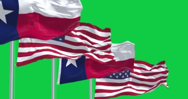 Σημαίες Του Τέξας Κυματίζουν Στον Άνεμο Αμερικανικές Σημαίες Απομονωμένες Πράσινο — Αρχείο Βίντεο
