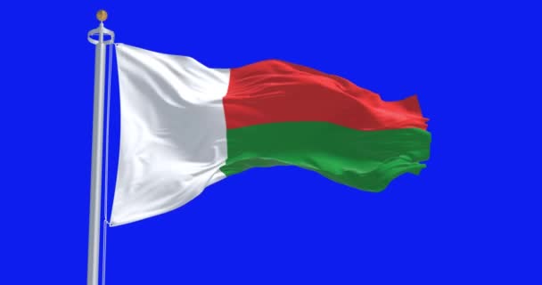 Nationale Vlag Van Madagaskar Zwaaiend Geïsoleerd Blauwe Achtergrond Naadloze Weergave — Stockvideo