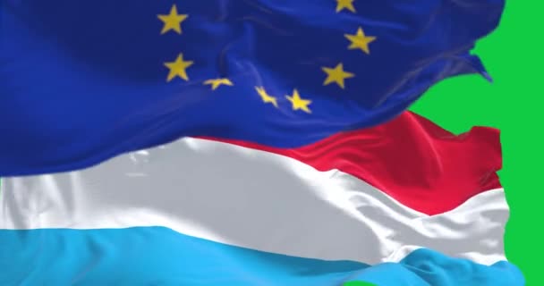 Vlaggen Van Luxemburg Europese Unie Wapperen Geïsoleerd Groene Achtergrond Naadloze — Stockvideo