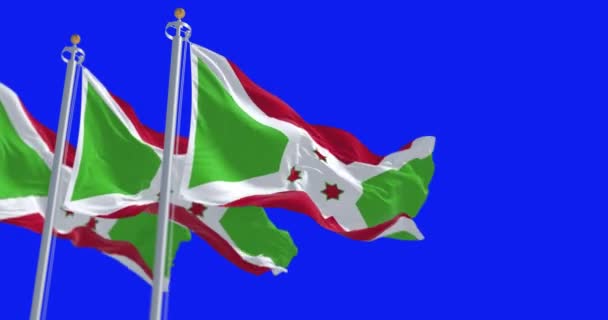Burundi Vlaggen Zwaaien Geïsoleerd Blauwe Achtergrond Naadloze Weergave Animatie Chroma — Stockvideo