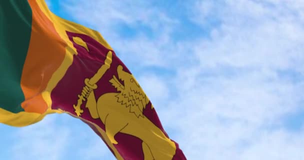 斯里兰卡国旗在晴朗的日子里飘扬的特写 绿色和橙色条纹 护身符面板与黄色狮子 费克斯宗教叶子 无缝3D渲染动画 慢动作回圈有选择的重点 — 图库视频影像