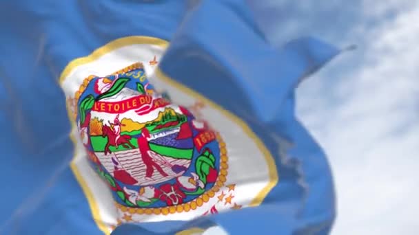 明尼苏达州国旗摇曳的特写 蓝色的领域与国家密封 印章上有一个农夫犁地和一个印地安人骑马去晒太阳 无缝3D渲染动画 慢动作回圈有选择的重点 — 图库视频影像