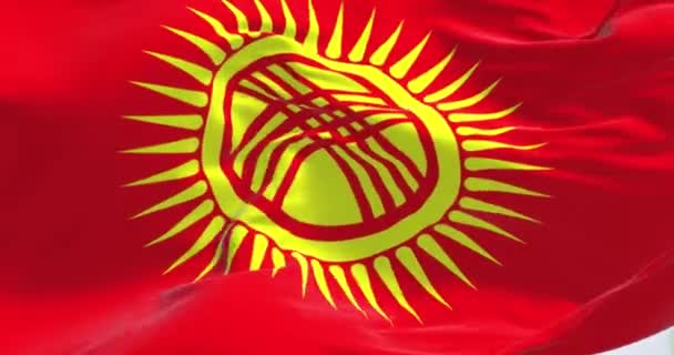 Detailní Záběr Kyrgyzské Národní Vlajky Červené Pole Žluté Slunce Paprsky — Stock video