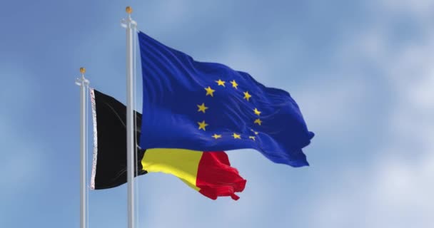 Belgiens Nationella Flagga Och Europeiska Unionens Flagga Vinkar Vinden Återgivning — Stockvideo