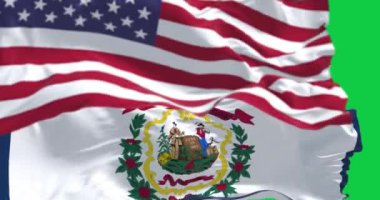 Batı Virginia eyalet bayrağı ve yeşil arka planda izole edilmiş Amerikan bayrağı. Kusursuz 3D canlandırma animasyonu. Yeşil ekran. Krom anahtar. Alfa kanalı. Yavaş çekim döngüsü. 4 bin. Seçici odak