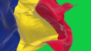 Romanya ulusal bayrağının rüzgarda dalgalanan yakın çekimi yeşil arka planda izole edildi. Kusursuz 3D canlandırma animasyonu. Krom anahtar. Yavaş çekim döngüsü. Yeşil ekran. 4 bin. Seçici odak.