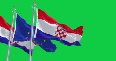 Hırvatistan ve Avrupa Birliği 'nin bayrakları yeşil arka planda izole bir şekilde dalgalanıyor. Kusursuz 3D canlandırma animasyonu. Krom anahtar. Yavaş çekim döngüsü. Yeşil ekran. 4 bin. Seçici odak.