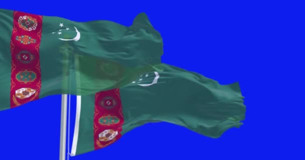トルクメニスタンの国旗は青い背景で孤立した シームレス3Dレンダリングアニメーション クロマキー スローモーションループ ブルースクリーン 4Kについて 選択的なフォーカス — ストック動画