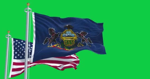ペンシルベニア州旗は緑の背景に孤立したアメリカ国旗を掲げている シームレス3Dレンダリングアニメーション グリーン スクリーン クロマキー アルファチャンネル スローモーションループ 4Kについて 選択的なフォーカス — ストック動画
