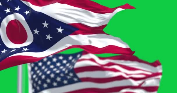 俄亥俄州的国旗飘扬着 美国国旗与绿色背景隔离开来 无缝3D渲染动画 慢动作回圈绿色屏幕 有选择的重点 — 图库视频影像