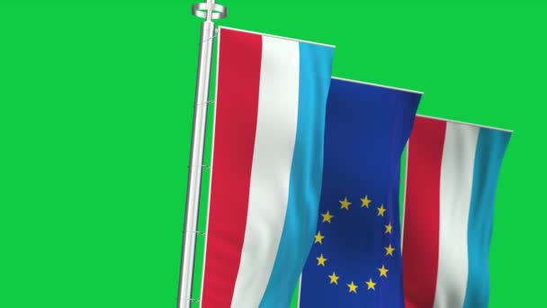 Luxemburgs Och Europeiska Unionens Flaggor Viftar Vinden Isolerad Grön Bakgrund — Stockvideo