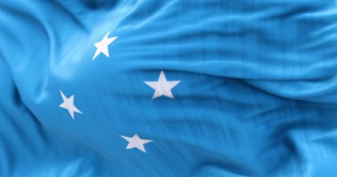 Mikronezya Birleşik Devletleri 'nin ulusal bayrağı açık bir günde rüzgarda sallanıyor. Pasifik Okyanusu 'nda bağımsız bir eyalet. 3D illüstrasyon canlandırıcı. Seçici odak