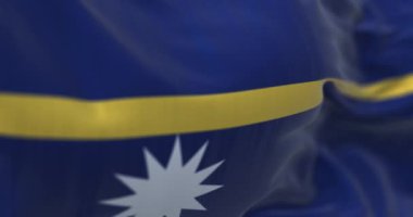Nauru ulusal bayrağının rüzgarda dalgalanmasına yakın çekim. Central Pacific 'teki Mikronezya' da bir ada ülkesi. Kusursuz 3 boyutlu animasyon. Yavaş çekim döngüsü. Seçici odak