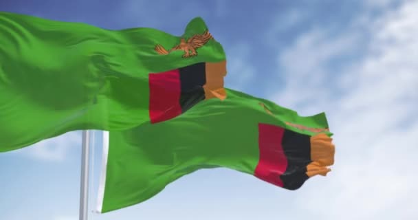 Banderas Nacionales Zambia Ondeando Día Claro Verde Con Águila Naranja — Vídeo de stock