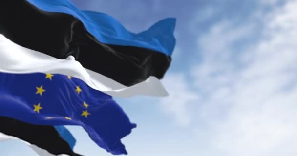 Close Estonia European Union Flags Waving Clear Day Estonia Became — Stock Video