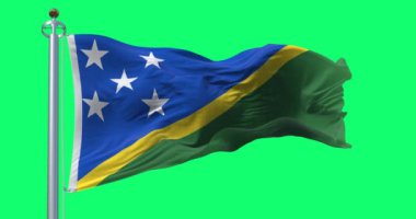 Solomon Adaları 'nın ulusal bayrağı yeşil arka planda yalıtılmış rüzgarda dalgalanıyor. Kusursuz 3D canlandırma animasyonu. Yeşil ekran. Krom anahtar. Alfa kanalı. Yavaş çekim döngüsü. 4 bin. Seçici odak